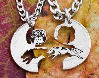 Wolf and Owl Couples or Friendship Necklaces, Best Friends and BFF Gifts, Hand Cut and Engraved Coin