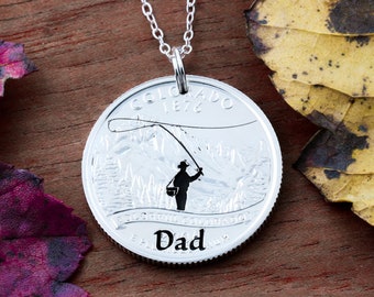 Dad Fly Fishing Necklace, Fisherman Sate Coin Gift, Hand Cut Coin