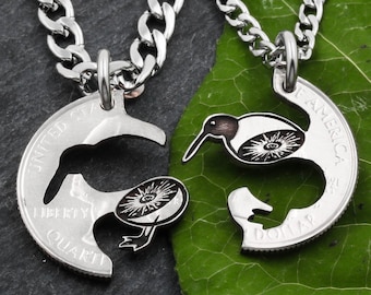 Split Kiwi Bird Couples or BFF Necklaces, New Zealand Native Island Bird, Kiwi Fruit, Interlocking Engraved Animal Jewelry, Hand Cut Coin