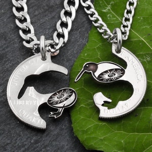 Split Kiwi Bird Couples or BFF Necklaces, New Zealand Native Island Bird, Kiwi Fruit, Interlocking Engraved Animal Jewelry, Hand Cut Coin