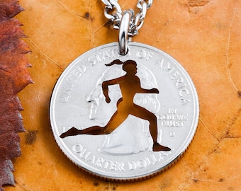 Running Girl Necklace, Track and Field Woman's Jewelry, Sports Gifts for Her, Hand Cut Coin