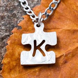 Autism Puzzle Necklace with Custom Initial, Family Necklace, Autism Awareness Gift, Hand Cut Coin
