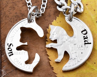 Interlocking Lion Cub Necklace Set, Custom Engraving Available, Baby Animal Jewelry, Fathers and Kids Gifts, Hand Cut Coin