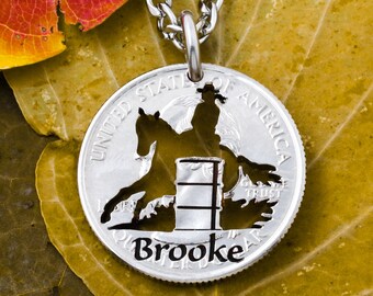 Hand Cut Coin Barrel Racer Pendant - Custom Engraved Western Jewelry