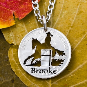 Barrel Racer Pendant with Custom Engraved Name, Women's and Girl's Apparel, Western Jewelry, Hand Cut Coin