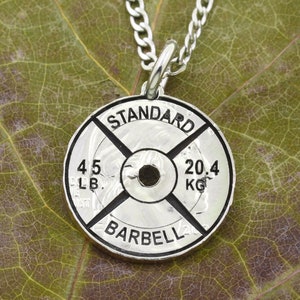 Barbell Necklace, Standard Weight, Exercise and Workout Equipment, Sports and Gym Jewelry, Hand Cut Coin