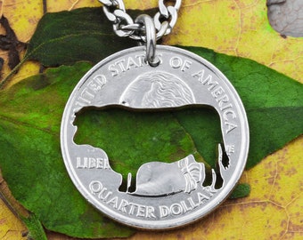 Bull Cow Silhouette Necklace, Farm Animal, Ranch or Western Jewelry, Hand Cut Coin