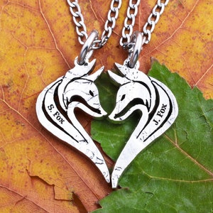 Foxes Making a Heart, Engraved Names, Couples Custom Necklaces, Animals Making a Heart Jewelry, Fox Head Pendants, Hand Cut Coin
