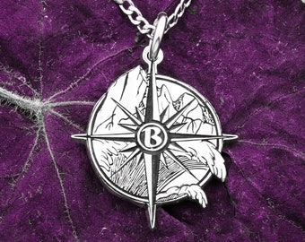 Silver Compass Necklace: Engraved Mountain Scene, Custom Initial