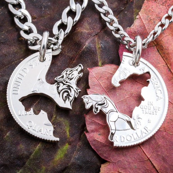 Howling Wolf and Fox Couples Necklaces, Animal Jewelry, Fox and Wolf, Best Friends or Couples Jewelry, BFF Gift, Hand Cut Coin