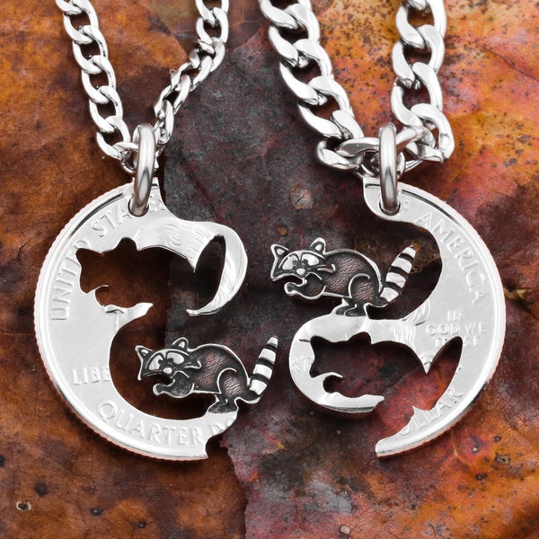 Raccoon Necklaces, Best Friend Jewelry, Bandits for Life, Interlocking Set, Hand Cut and Engraved Coin