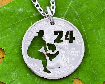 Hand Cut Baseball Pitcher Coin Necklace: Jersey Number Sports Jewelry