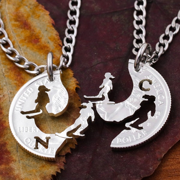 Cross Country Skiers Best Friend Necklaces, Custom Initials, Women's Ski Jewelry, Interlocking Hand Cut Coin