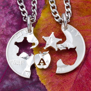 Teacher and Sheriff Couples Necklaces, Law Enforcement Badge and Education Professionals Gift Cut Coin