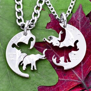 Sloth and Elephant Couples Necklaces, BFF Gift, Animal Friends, Relationship Jewelry, Hand Cut Coin