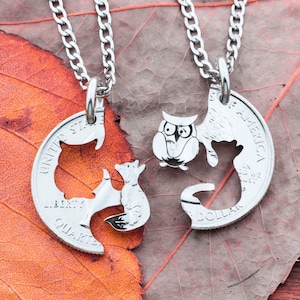 Owl and Fox Couples or Friends Necklaces, Best Friends Gifts, Interlocking Animal Jewelry, Hand Cut and Engraved Coin
