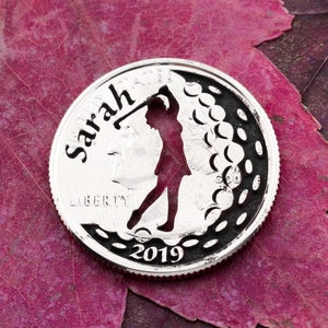 Women Golfer, Custom Name and Date Golf Ball Marker, Personalized and Engraved, Etched Quarter, Daughter Mother Gift, Golfer Accessory