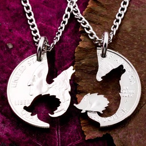 Hedgehog and Wolf BFF Necklaces, Couples Gift, Interlocking Animal Jewelry, Hand Cut Coin