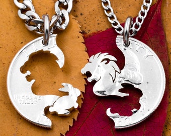 Lion and Bunny Necklaces, Couples Best Friends Gifts, Interlocking Animal Jewelry, Rabbit and Roaring Lion, Hand Cut Coin