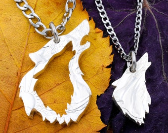 His and Her Howling Wolf Necklaces, Inside Outside Wolves, Couples Relationship Jewelry, BFF Gift, Half Dollar, Hand Cut Coin