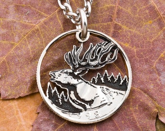 Elk in the Mountains Necklace, Gifts for Him, Hunting Apparel, Engraved Animal Jewelry, Hand Cut Coin