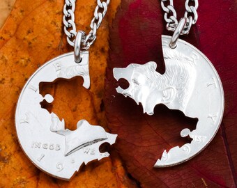 Grizzly Bear Necklaces, Best Friends and Couples Set, Animal Jewelry, Great Outdoors, Interlocking Hand Cut Coin