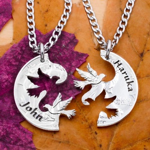 Love Birds Necklaces, Engraved Custom Names, Doves Pair for Life, Interlocking Relationship Jewelry, Couples Gifts, Hand Cut Coin