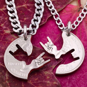 ASL I Love You Hand Cut Coin Necklace: Sign Language Jewelry