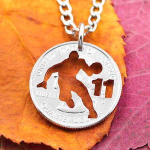 Basketball Necklace, Sports Gifts for Boys, Player Silhouette, Hand Cut Coin