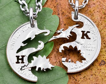 Ankylosaur and Pterodactyl Dinosaur Necklaces, Custom Cut Initials, BFF Gifts for Kids, Interlocking Set, Hand Cut Coin