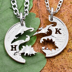 Stegosaurus and Pterodactyl Dinosaur Necklaces, Custom Cut Initials, BFF Gifts for Kids, Interlocking Set, Hand Cut Coin