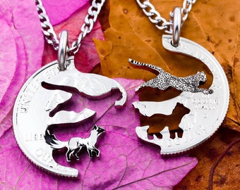 Fox and Cheetah Necklaces, Engraved Couples and Best Friends Jewelry, BFF Gifts, Fox and Wild Cat, Interlocking Animal Set, Hand Cut Coin