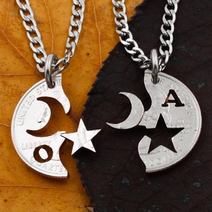 Moon Star BFF Necklaces with Custom Initials, Astronomical Long Distance, Couples Jewelry Necklaces, Hand Cut Coin