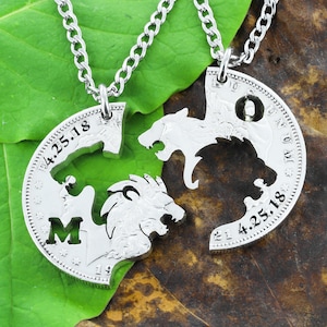 Lion and Lioness Necklaces With Custom Initials and Dates Jewelry Set, Interlocking Couples Jewelry, Hand Cut Coin