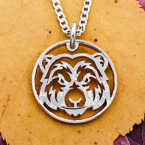 Bear Face Necklace, Portrait, Hiking Jewelry, Grizzly Papa Bear, Thin-Rimmed Hand Cut Coin
