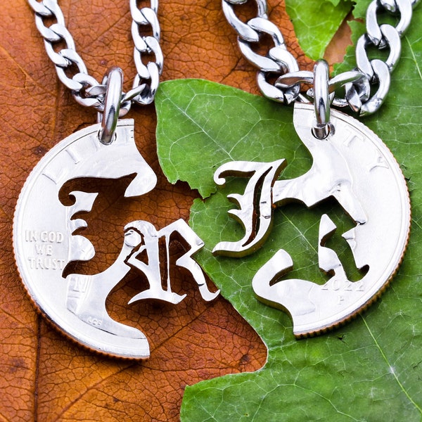 Medieval Letters, Interlocking Necklaces, Old English Letter, Couples and Best Friends Jewelry, Hand Cut Coin