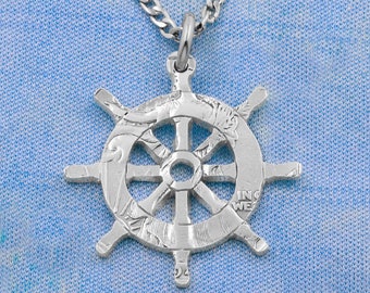 Steering Ship Wheel Necklace, Nautical Jewelry, Sailing the Seas, Ocean Gifts, Hand Cut Coin