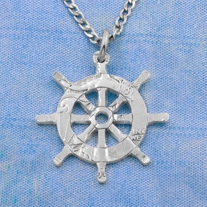 Steering Ship Wheel Necklace, Nautical Jewelry, Sailing the Seas, Ocean Gifts, Hand Cut Coin