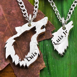 Wolf Father and Son Necklaces, Custom Engraved Names, Family Jewelry, Graduation Gift, Hand Cut Coin