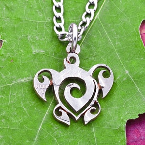 Tribal Sea Turtle Necklace, Back Ocean Wave, Beach Jewelry, Islander Jewelry Gifts, Hand Cut Coin