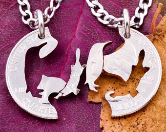 Penguin and Platypus Best Friends Necklaces, BFF Gift, Couples or Friendship Jewelry, Animals, Hand Cut Coin