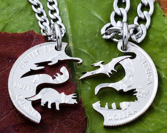 Pterodactyl and Triceratops, Dinosaur BFF Jewelry, Kids Best Friends Necklaces, Hand Cut Coin