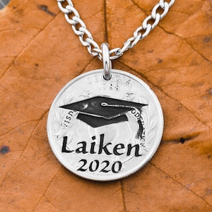 Graduation Hat Necklace with Custom Engraved Name and Date, Engraved on State Side Quarter, Choose Your State