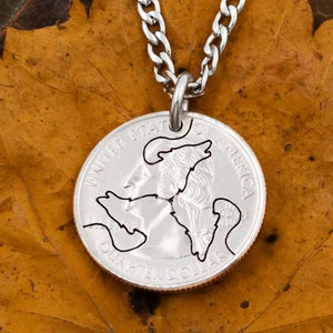 This is a one piece coin necklace. 3 Totally Interlocked Wolves, Three Best Friends, Animal Jewelry, Hand Cut Coin