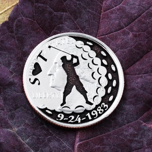 Custom Golf Ball Marker, Initials and Heart Engraved, Personalized Date, Etched Quarter