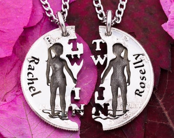 TWIN Sibling Necklaces, Identical Sisters Engraved Names, Kids Jewelry, BFF Gifts, Interlocking Necklaces, Hand Cut Coin