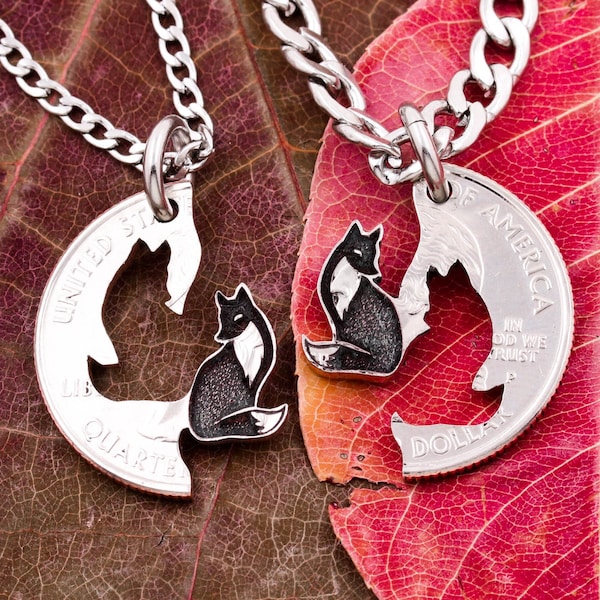 Couples Foxes Necklaces, Engraved BFF Jewelry Gifts, Interlocking Woodland Animals, Hand Cut Coin