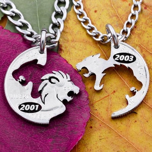 Lion and Lioness Necklaces, Custom Engraved Dates, Interlocking Couples Gifts, BFF Animal Jewelry, Hand Cut Coin