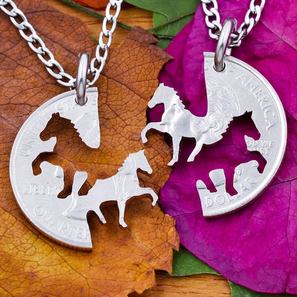 Interlocking Horses BFF Necklaces, Cowgirl Best Friends Jewelry, Interlocking Handcrafted Cut Coin