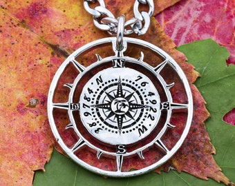 Silver Compass Necklace: Custom GPS Coordinates with Palm Tree, Engraved Coin